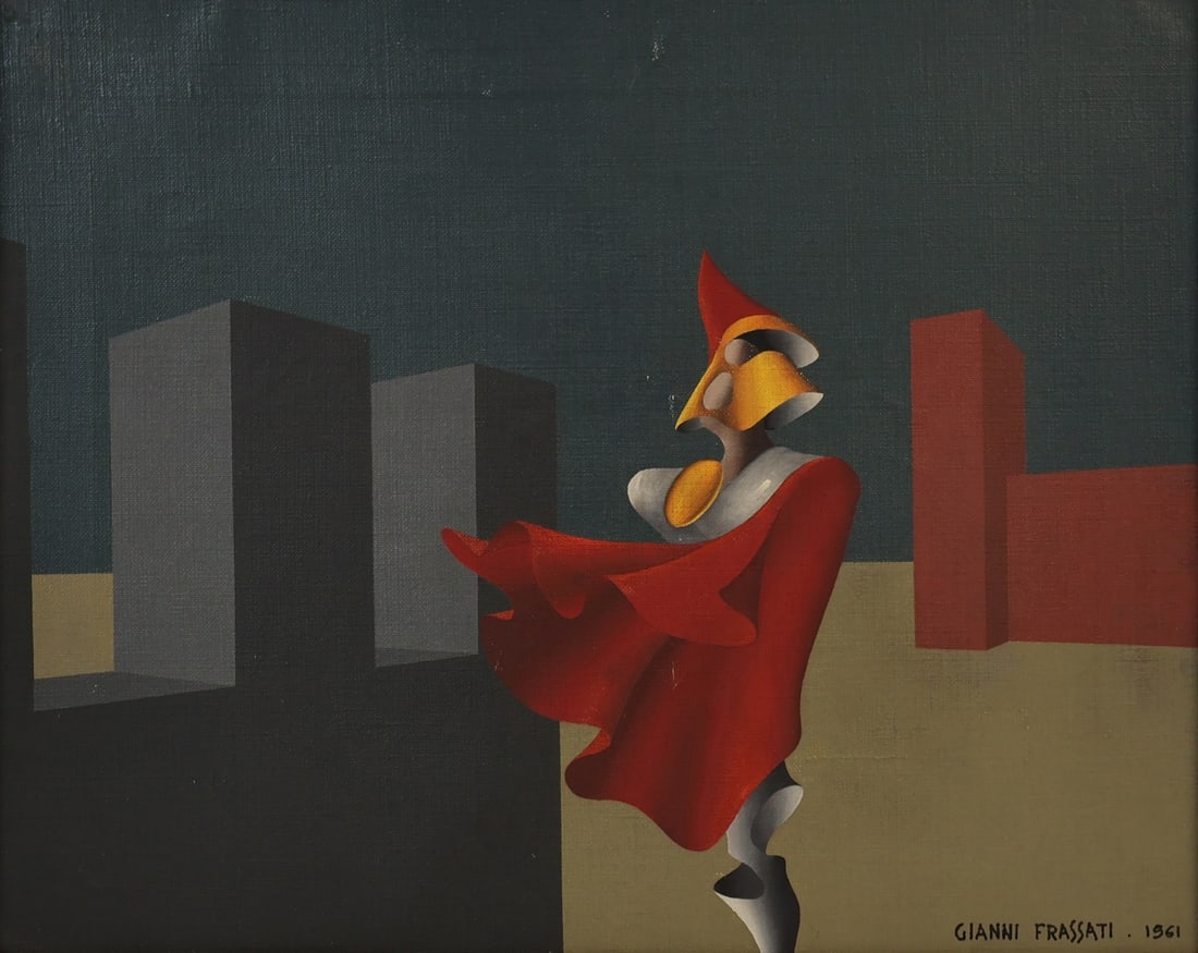 GIANNI FRASSATI (ITALIAN, 1824-1989).: Evocation No. 5. 1961. Oil on canvas. Signed and dated lower right. Verso: Artist, titled and date on canvas. Property from a Manhattan, NYC. Dimensions: 13.25" h x 16 " w. Frame: 16.75"