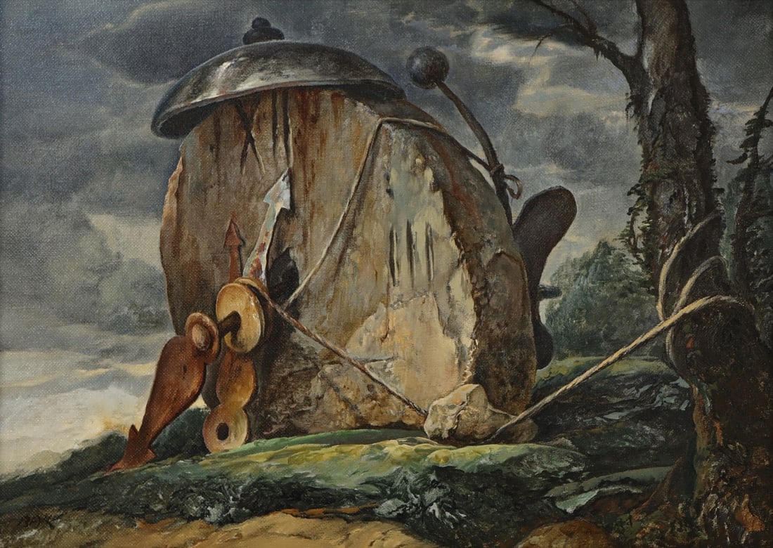 SAMUEL BAK (POLISH / ISRAELI b. 1933).: 'Rock Clock'. Oil on artist's board. Signed lower left. Property from a Manhattan, NYC estate. Dimensions: 9.50" h x 13" w. Frame: 13.125" h x 16.625" w.