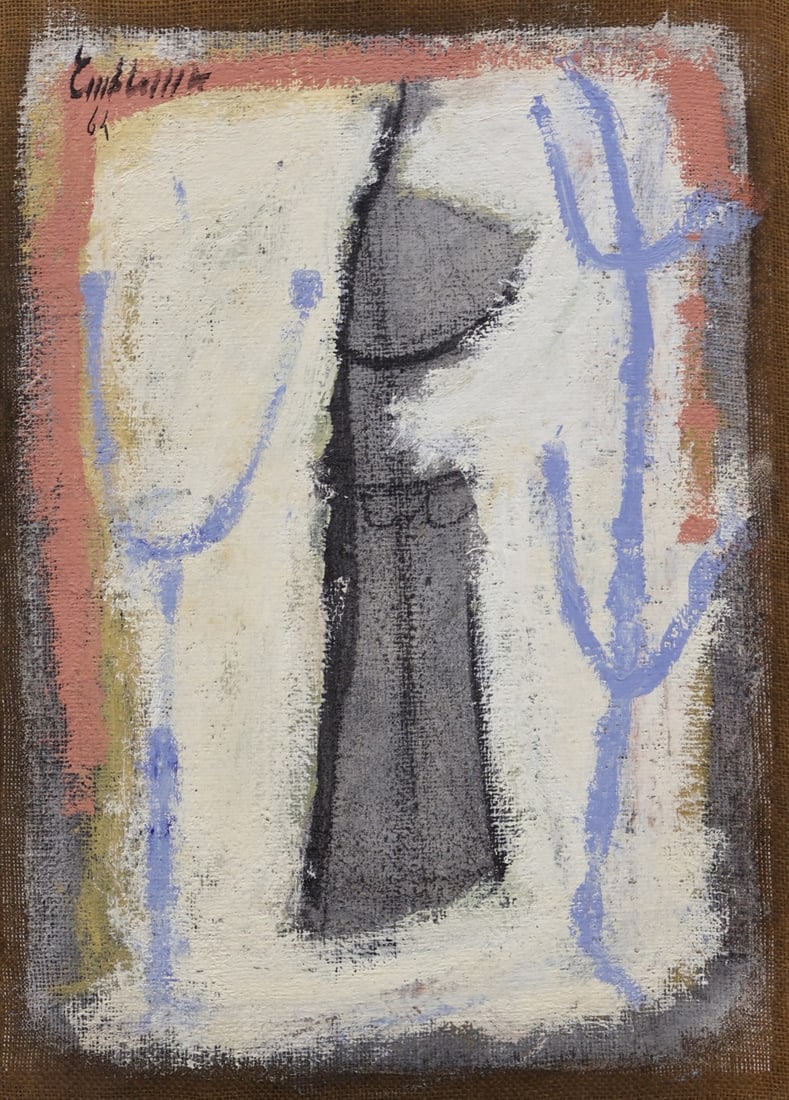 SALVATORE EMBLEMA (ITALIAN, 1929-2006).: 'Untitled' (Figure with Trees). 1964. Raw pigments on jute canvas. Signed and dated upper left corner. From an Amelia, NY estate. Dimensions:27.625" h x 19.625" w. Frame: 28.50" h x 20.