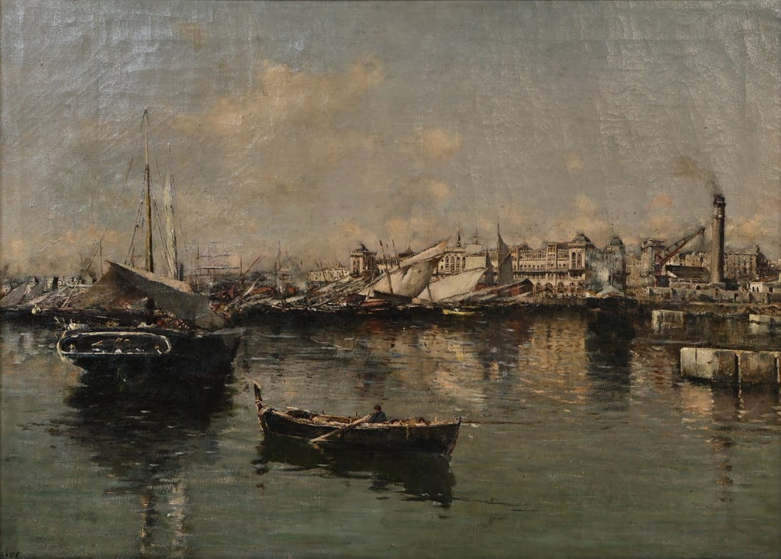 JUAN ROIG SOLER (SPANISH, 1852-1909).: The Port of Tarragona. Oil on canvas. Signed lower left. Property of a Stamford, CT estate. Dimensions: 24.75" h x 33.625" w. Frame: 30" h x 39" w.