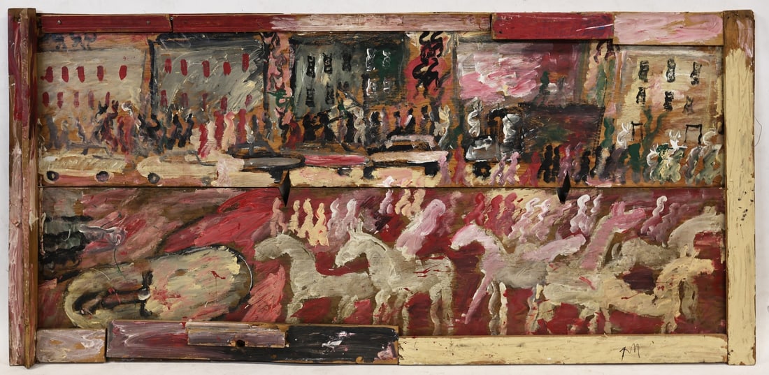 PURVIS YOUNG (AFRICAN-AMERICAN, 1943-2010).: Bringing Freedom to the City. 1998. Acrylic house paint, and found materials on wood. Exhibited: New River Fine Art, Fort Lauderdale, FL. 'Urban Legends'. January 10- February 2019. Literature: Thornt