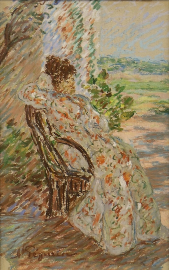 ILLEGIBLY SIGNED (CONTINENTAL, 19TH CENTURY).: 'Portrait of a Woman Sitting on a Porch'. Pastel. Illegibly signed lower left. Property from a Bronx, NYC estate. Dimensions: Sight: 9.50" h x 6" w. Frame: 16.75" h x 13.25" w.