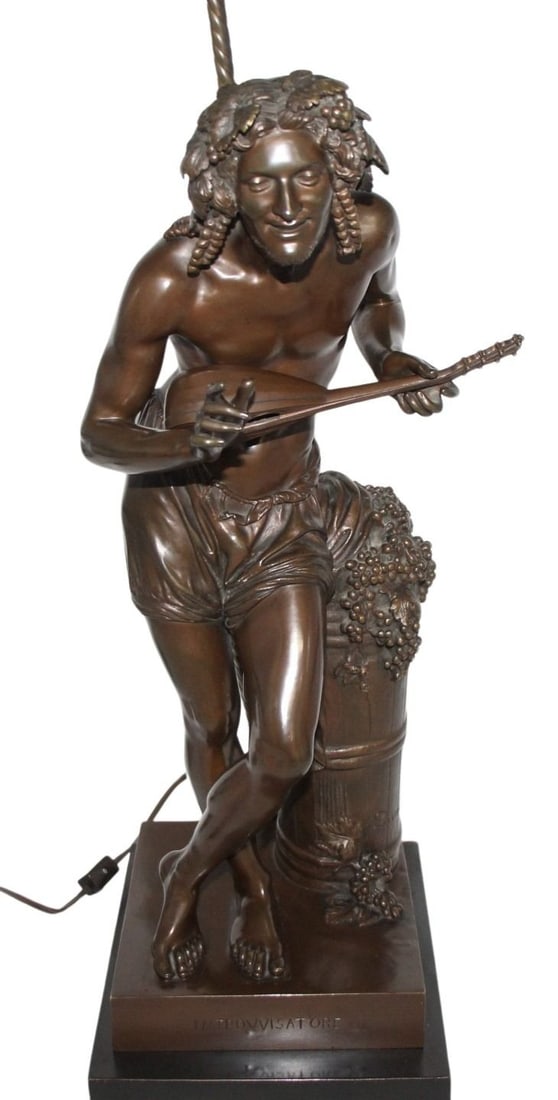 FRANCISQUE JOSEPH DURET (French, 1804-1865) Bronze: "Improvvisatore". Bonze of a man with a lute, now mounted as a lamp. Signed on colum "Duret". Bronze, 21.75" (does not include wooden base or lamp parts), 7.25" square ba