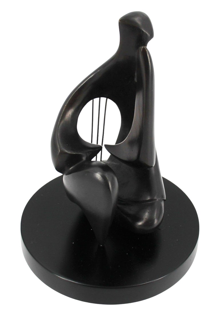 VICTOR HALVANI (Egypt/Israel, b. 1930).: A stylized bronze of a figure (King David?) playing the harp. Good large size and with nice brown patina. From a Milltown, NJ estate. - Dimensions: 11.5" h.