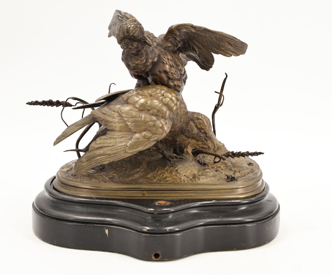 FERDINAND PAUTROT (Fr 1832 - 1874 ): Well executed, signed and dated Paris 1866. From a Stamford CT estate. Dimensions: Bronze 7.25" h; 9.25 h overall x 10" x 6.75".