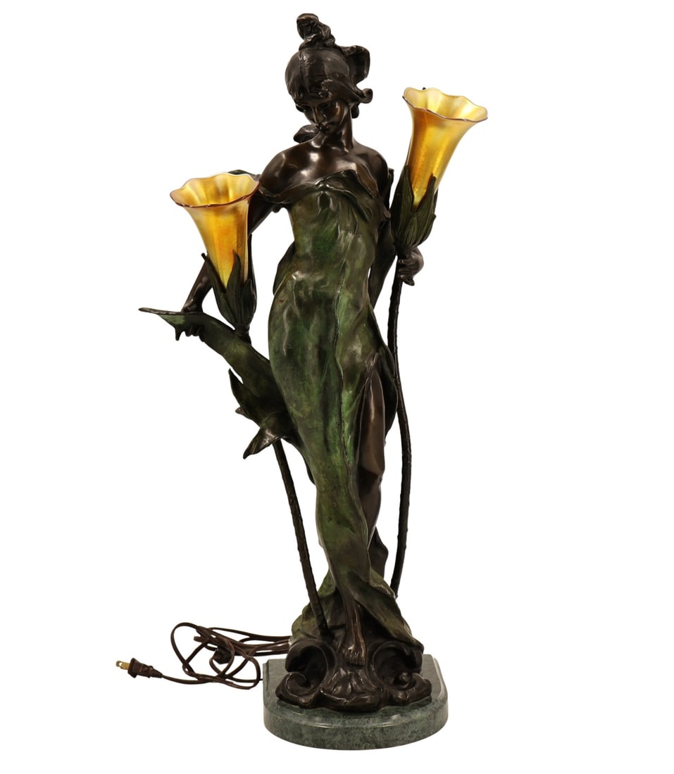 Large & Impressive Bronze Art Nouveau Figural Lamp: From a Stamford CT estate. - Dimensions: 27.5" h x 8.5" x 7.5"
