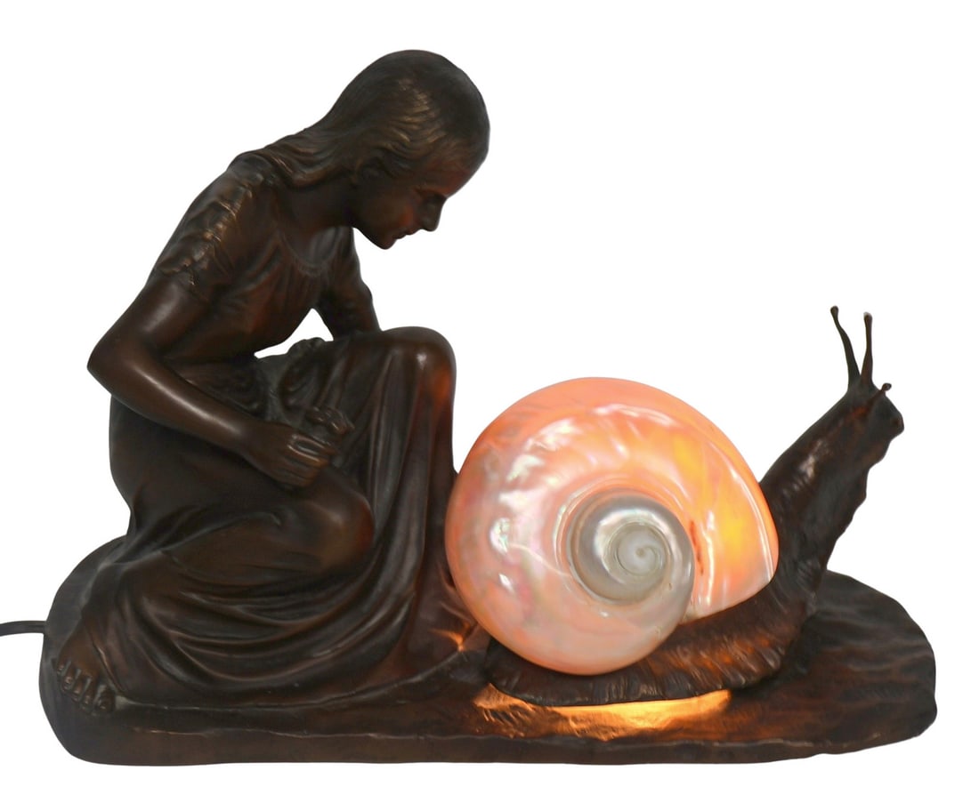 UNSIGNED Bronze Figural Snail Lamp: Large and well executed with snail shell lamp. From a Stamford CT estate. - Dimensions: 10" h x 13" x 8"