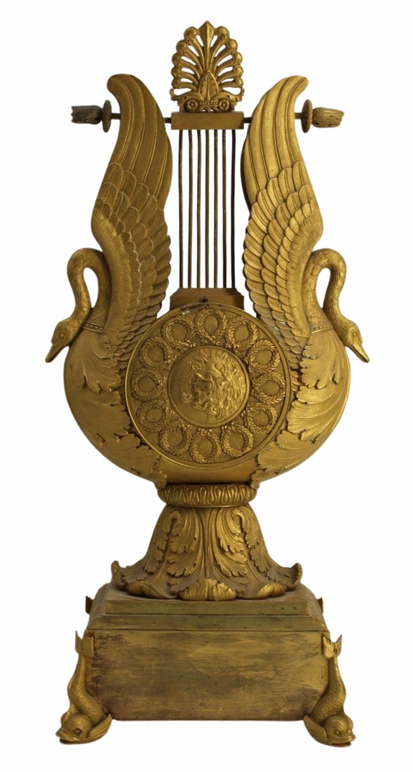 Fine Antique Gilt Bronze Swan Clock w/Dolphin Feet: Great dore patina and finely worked with Swan sides, Dolphin feet and Merman on dial. From a Great Neck, Long Island estate. - Dimensions: 22" x 10"