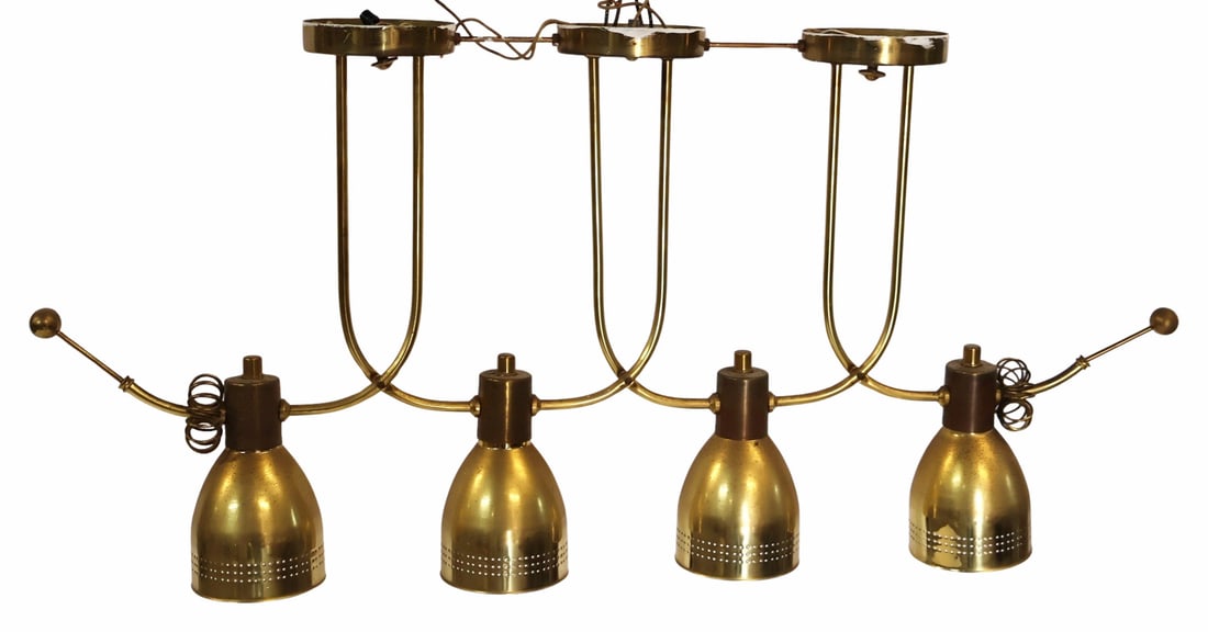 TOMMY PARZINGER (attrib) Midcentury Gilt Metal: Chandelier. Nice original gilt metal chandelier. From a New Rochelle, NY estate. - Dimensions: 18" x 38"
