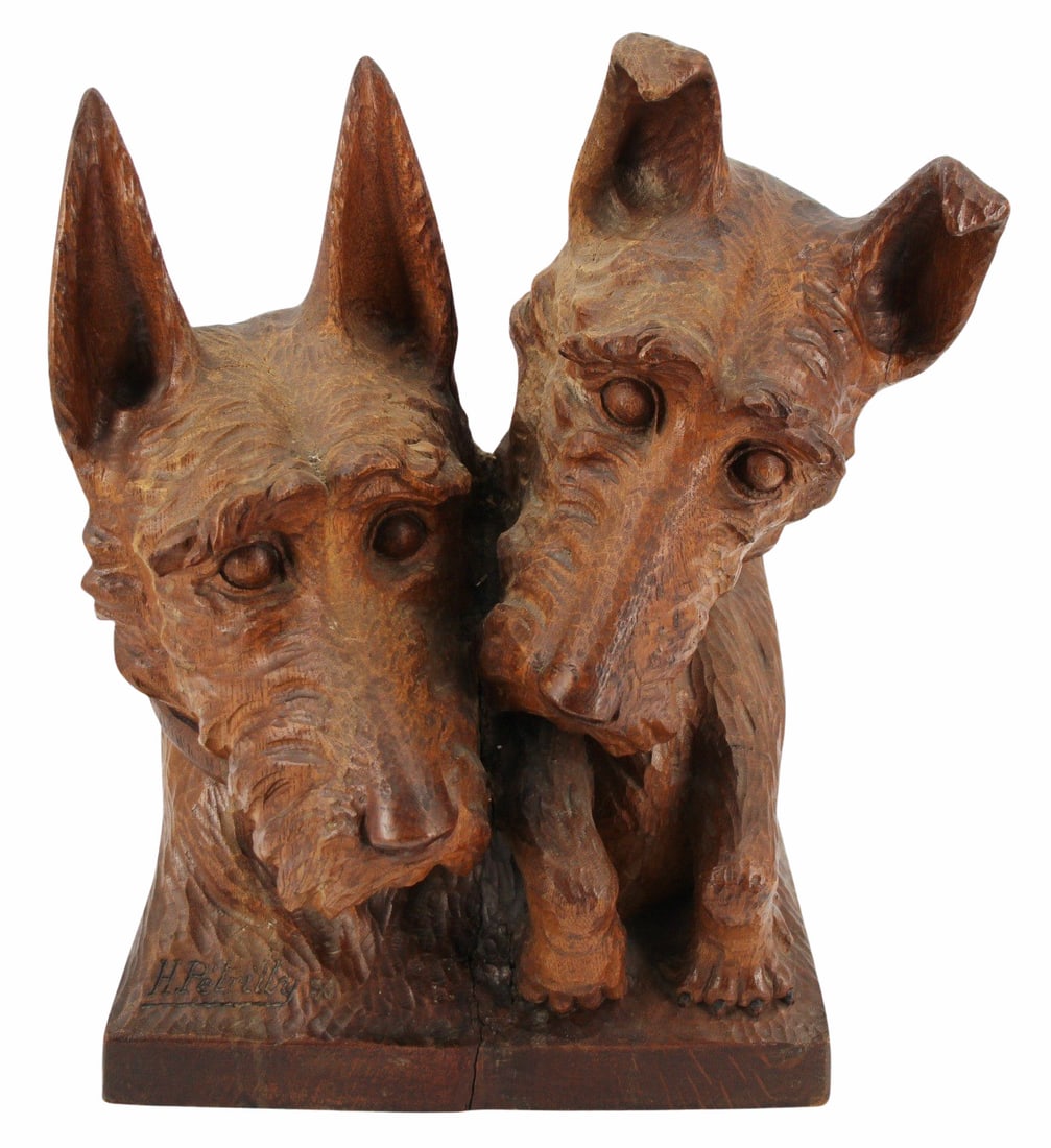 Antique Signed Carved Wood Scotty Dog Sculpture.: Signed "H. Petrilly" (French Are Deco period Animalier sculptor) wooden Scottish Terrier dog carved sculpture. From a Bloomfield, NJ collection. - Dimensions: 18.5" h x 13.5" w x 9.5" d.