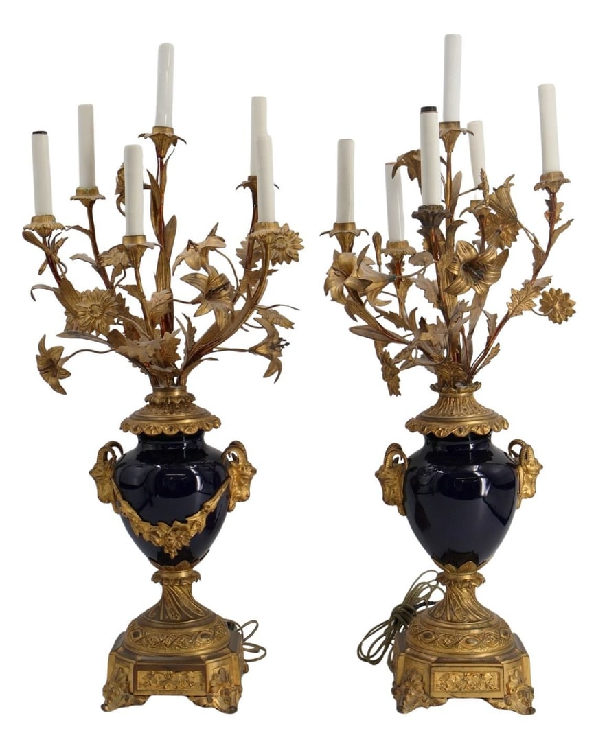 Fine Antique Pr of Bronze Mounted Cobalt Porcelain: Urn Form Candelabra. Large and the best of quality. From a Great Neck, Long Island estate. - Dimensions: 29"h