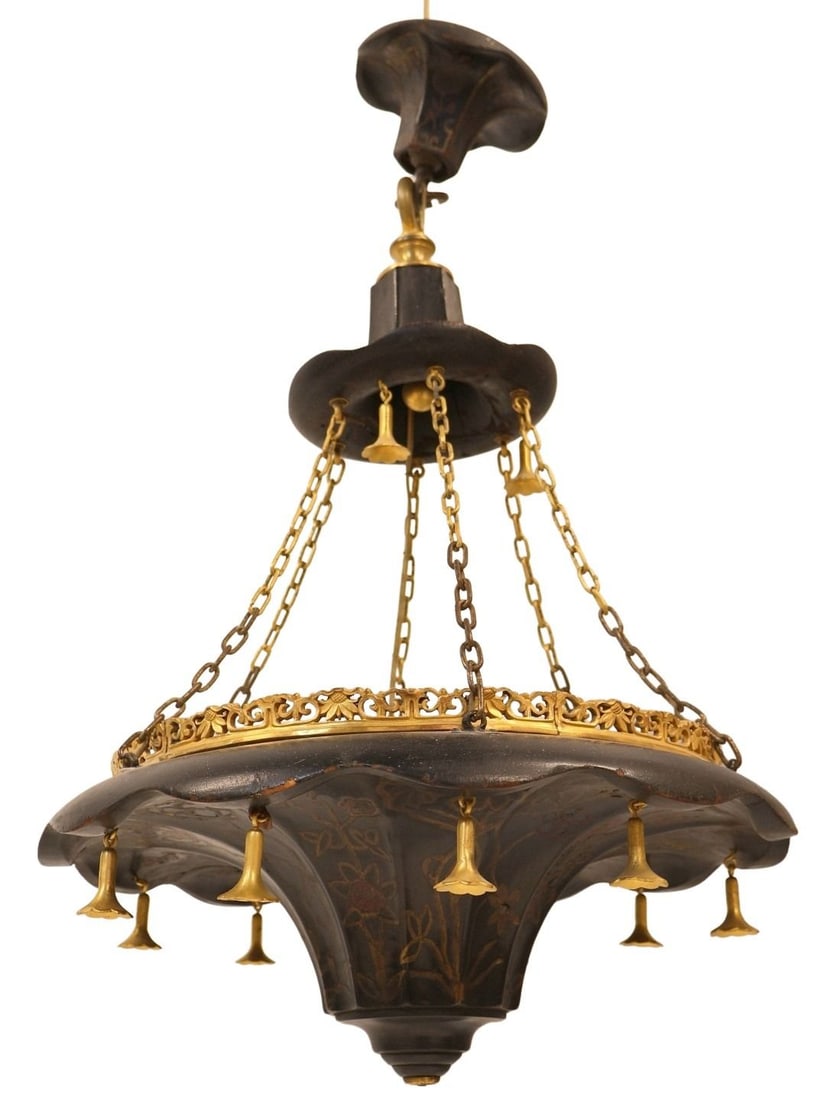 Ebonized and Carved Wood Umbrella Style: Chandelier. With gilt bronze bell form drop pendants, a metal lining, and bronze mounts. From an E 72nd St, Manhattan estate. Dimensions: 18" in diameter x 24" h.