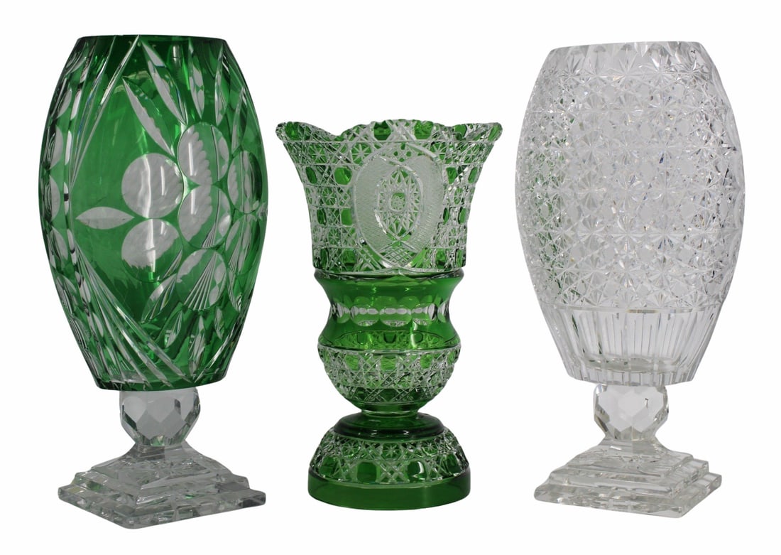 3 Large and Finely Cut Glass Vases.: Large in size, and of the finest of quality. 1 signed Meissen. From a Stamford, CT estate. - Dimensions: 14"h , 14"h , 11.50"h