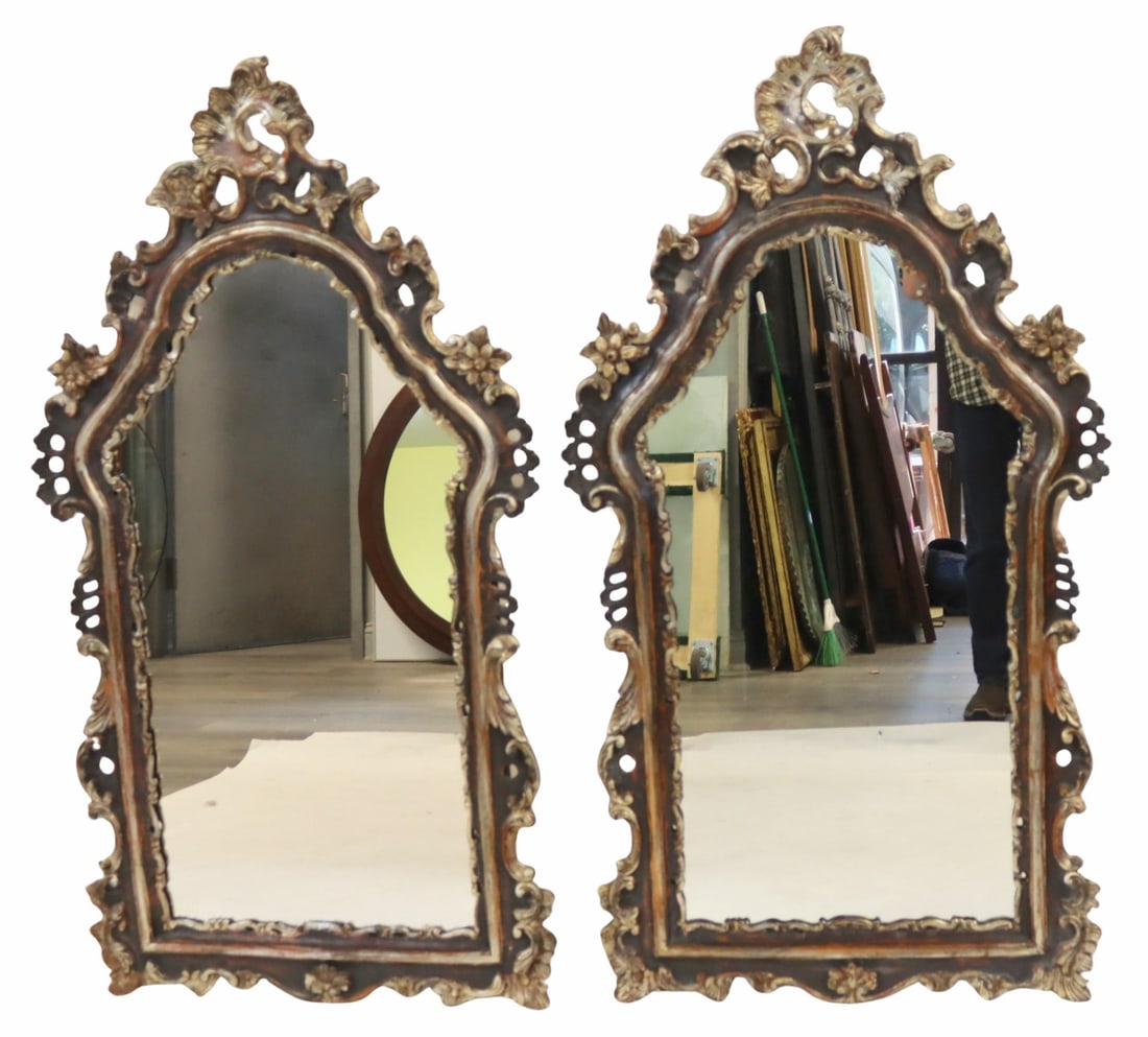 Vintage & Fine Pair of Carved & Gilt Italian: Mirrors. Nice large size, finely carved and nice original patina. From a Great Neck, LI estate. - Dimensions: 58"h x 32"w