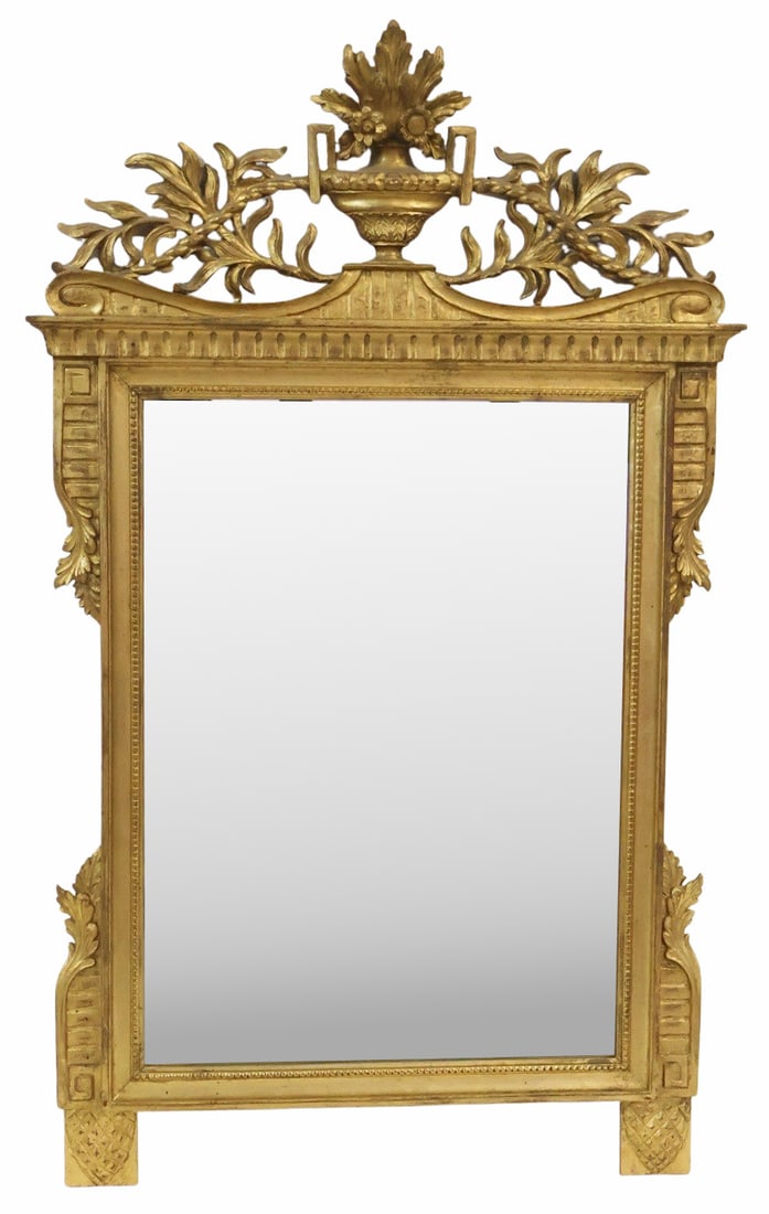 Vintage Large & Finely Hand Carved Giltwood Mirror: Very good quality with urn and leaf carved decoration. From a Great Neck, LI estate. - Dimensions: 58"h x 36"w