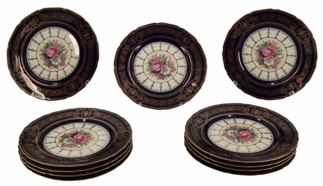Set of 11 Rosenthal China Service Plates.: Set of 11 blue plates, floral centers, gold trim. "Rosenthal Ivory Bavaria", 10.5". From a Dix Hills, NY collection. - Dimensions: 10.5" D