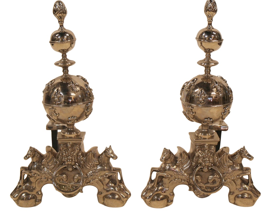 Large & Impressive Pr Of Silvered Metal Andirons (1 of 4)