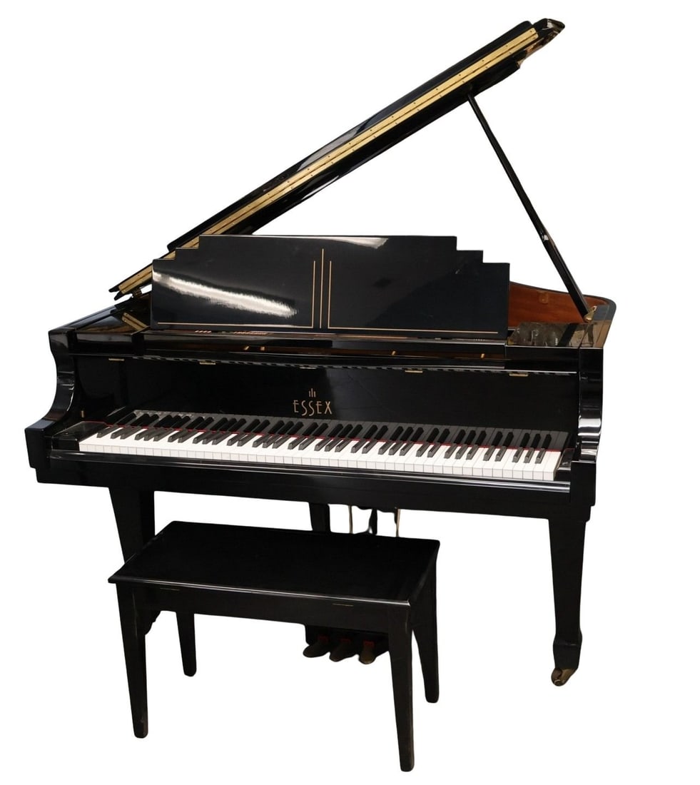 Essex by Steinway Baby Grand Piano: Essex by Steinway baby grand piano 5' long in black gloss finish with bench. From a Fifth Ave NYC home. - Dimensions: 57.5" x 60"