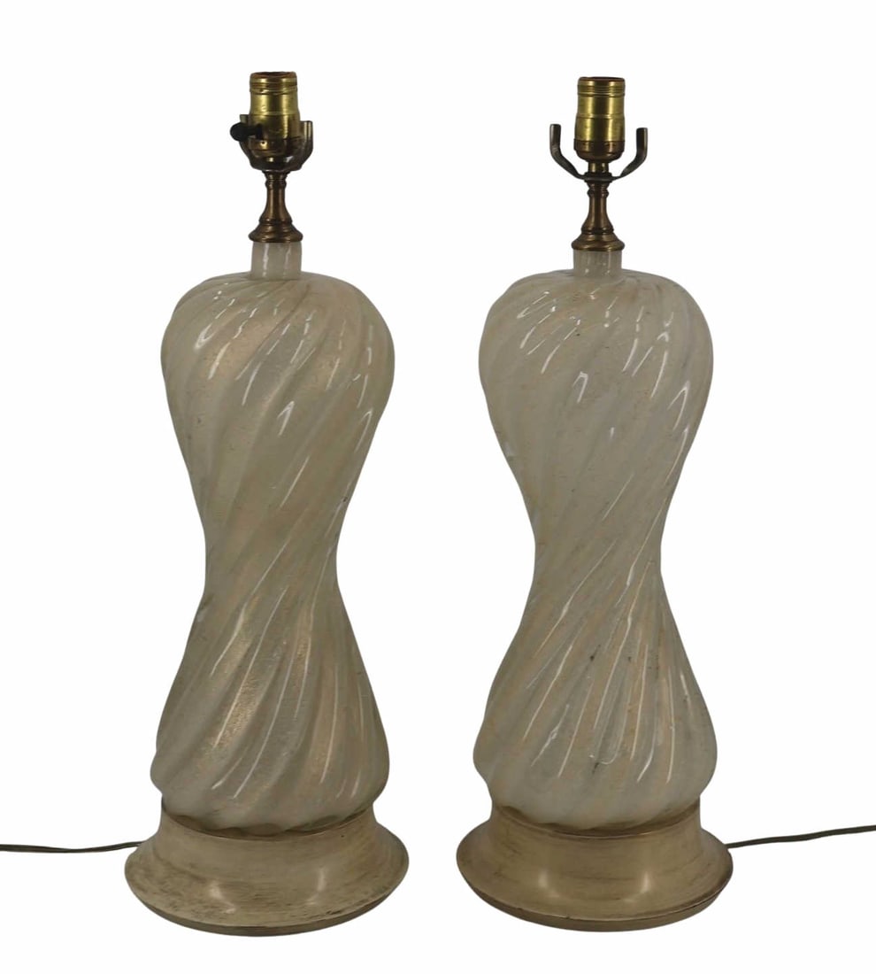 Fine Midcentury Pair Of Murano Glass Lamps.: A great pair, large with flecking and swirl glass. From a Westchester estate. - Dimensions: 22"H