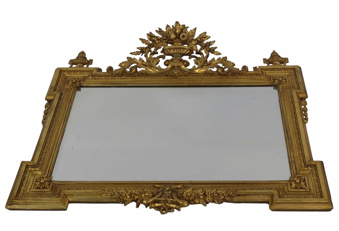 Antique Carved And Giltwood Mirror.: 19th century, large with nice patina and carved crow. From a Brooklyn, NY estate. - Dimensions: 42" h x 45" w.