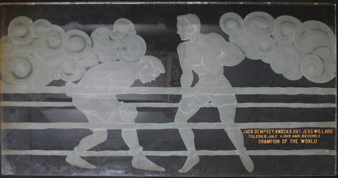 Vintage Jack Dempsey Etched Glass Panel Boxing: A fantastic etched glass panel (likely Art Deco era) with an engraved legend lower right "Jack Dempsey Knocks Out Jess Willard/ Toledo.O.July 4. 1919 And Becomes/ Champion of the World".