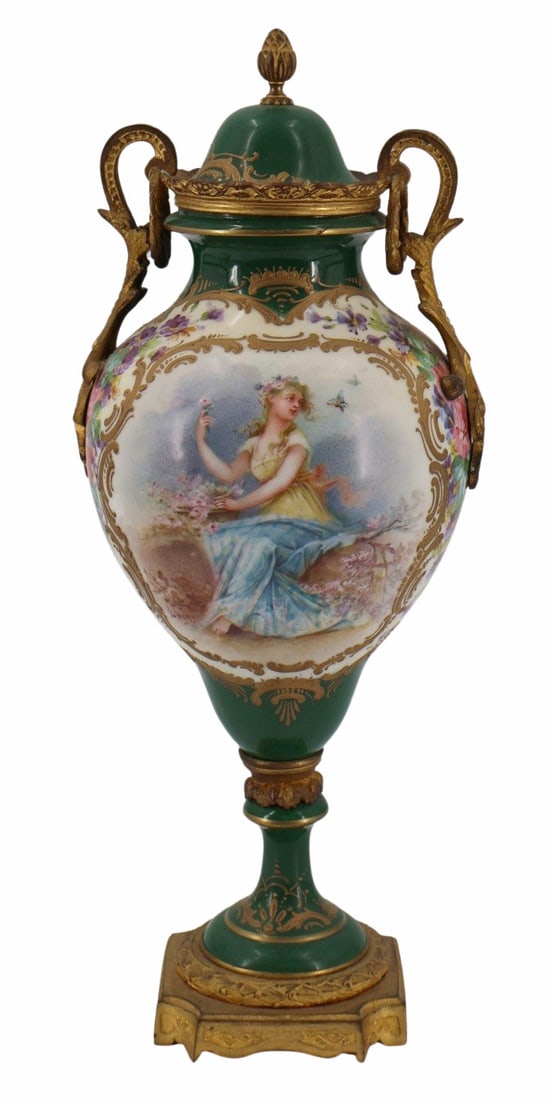 Antique Sevres Bronze Mounted Urn.: Hand painted and decorated Sevres urn with green ground. From a Larchmont, NY collection. - Dimensions: 15.75" h x 6" w.