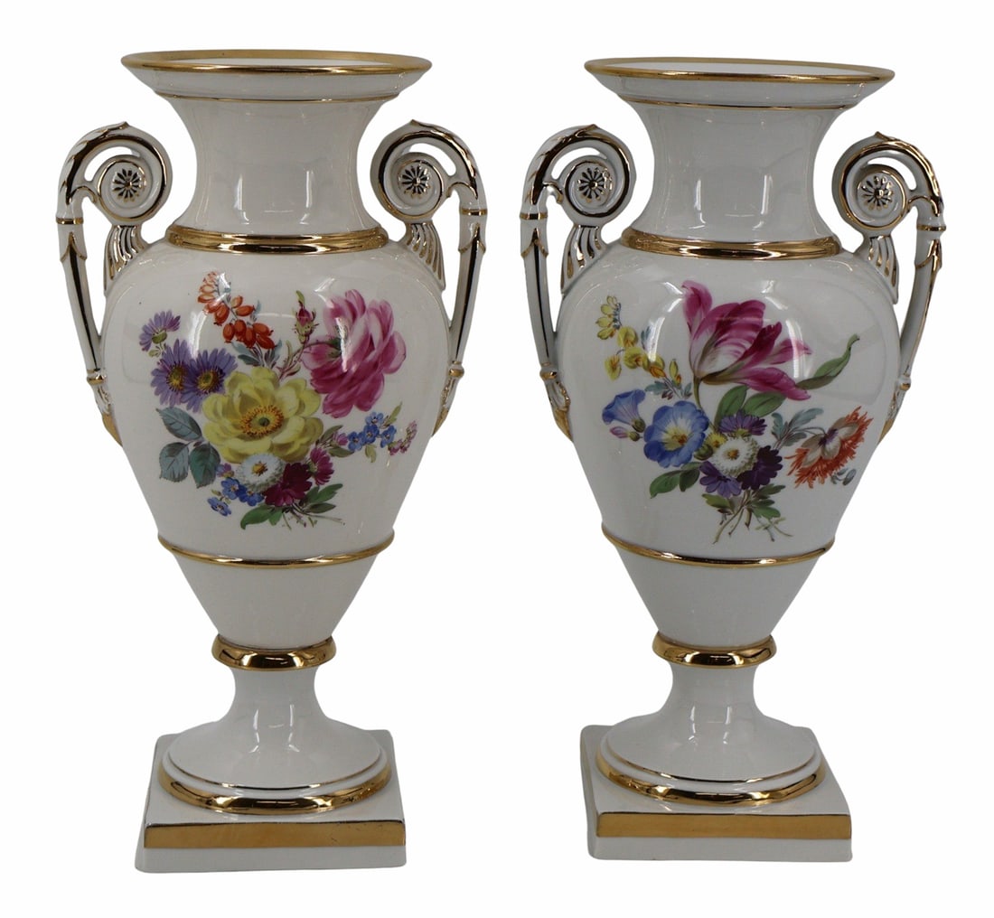 Pair of Meissen Hand Painted Floral Vases.: Each side painted with floral bouquets. With gilt trim and decoration. From a Larchmont, NY collection. - Dimensions: 11.5" h x 6" w.