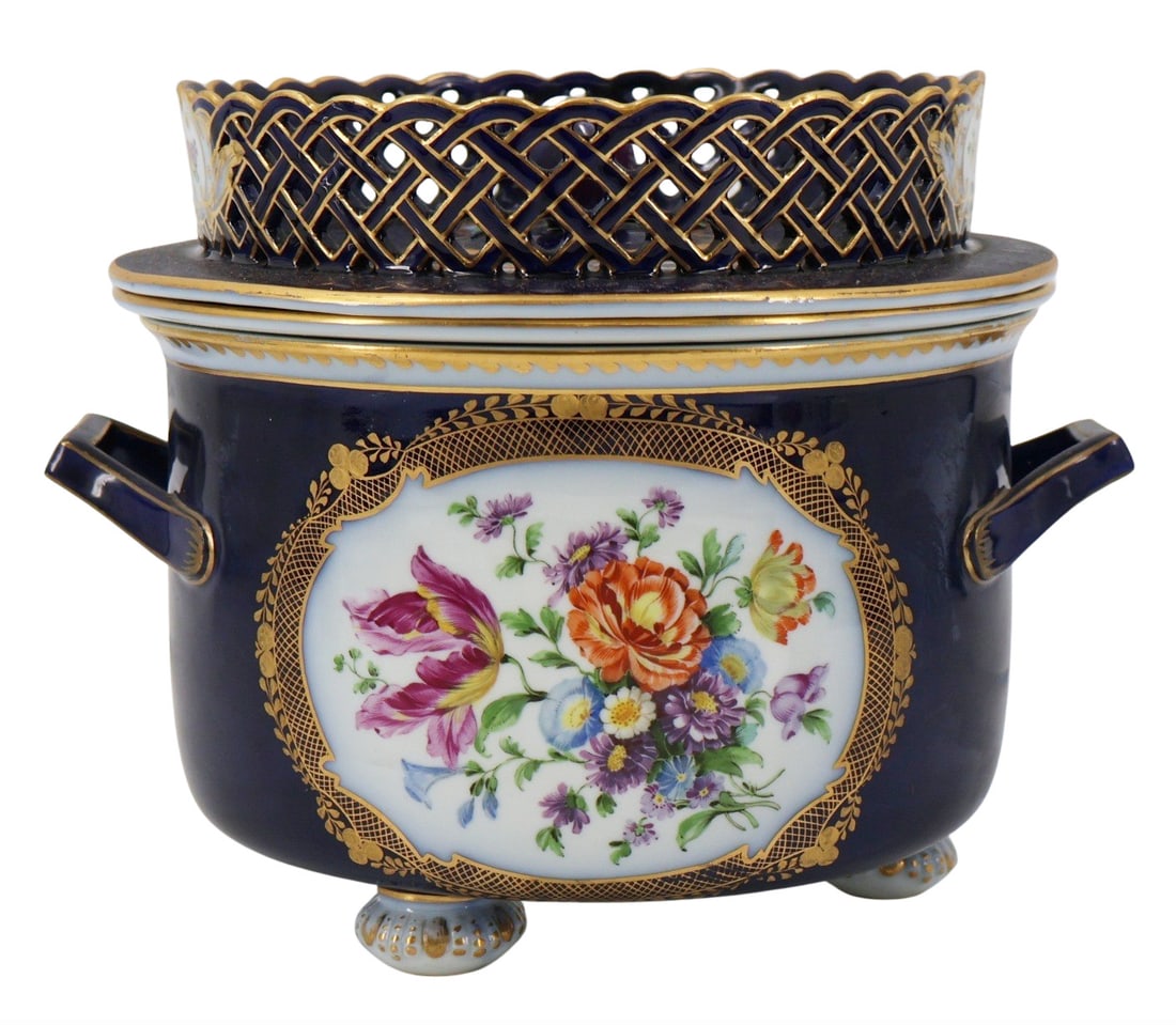 Antique Meissen Cobalt Fruit Cooler.: Painted antique Meissen fruit cooler. Beautiful quality cobalt ground and gilt decorated porcelain. With part reticulated lid and fruit shaped handle. With inner liner (inner liner unmarked). From a