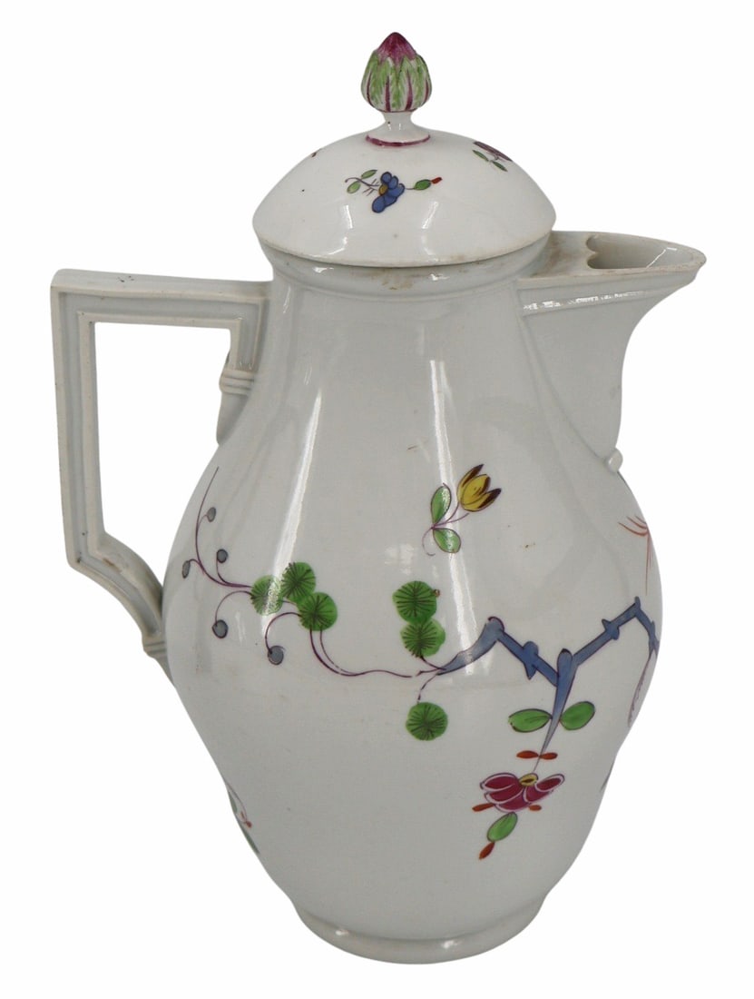 Antique Meissen Coffee Pot Birds & Flowers.: An antique Meissen coffee pot, decorated with colorful birds and flowers. The lid with a flower bud finial. From a Larchmont, NY collection. - Dimensions: 9.75" h x 6" w x 5" d.