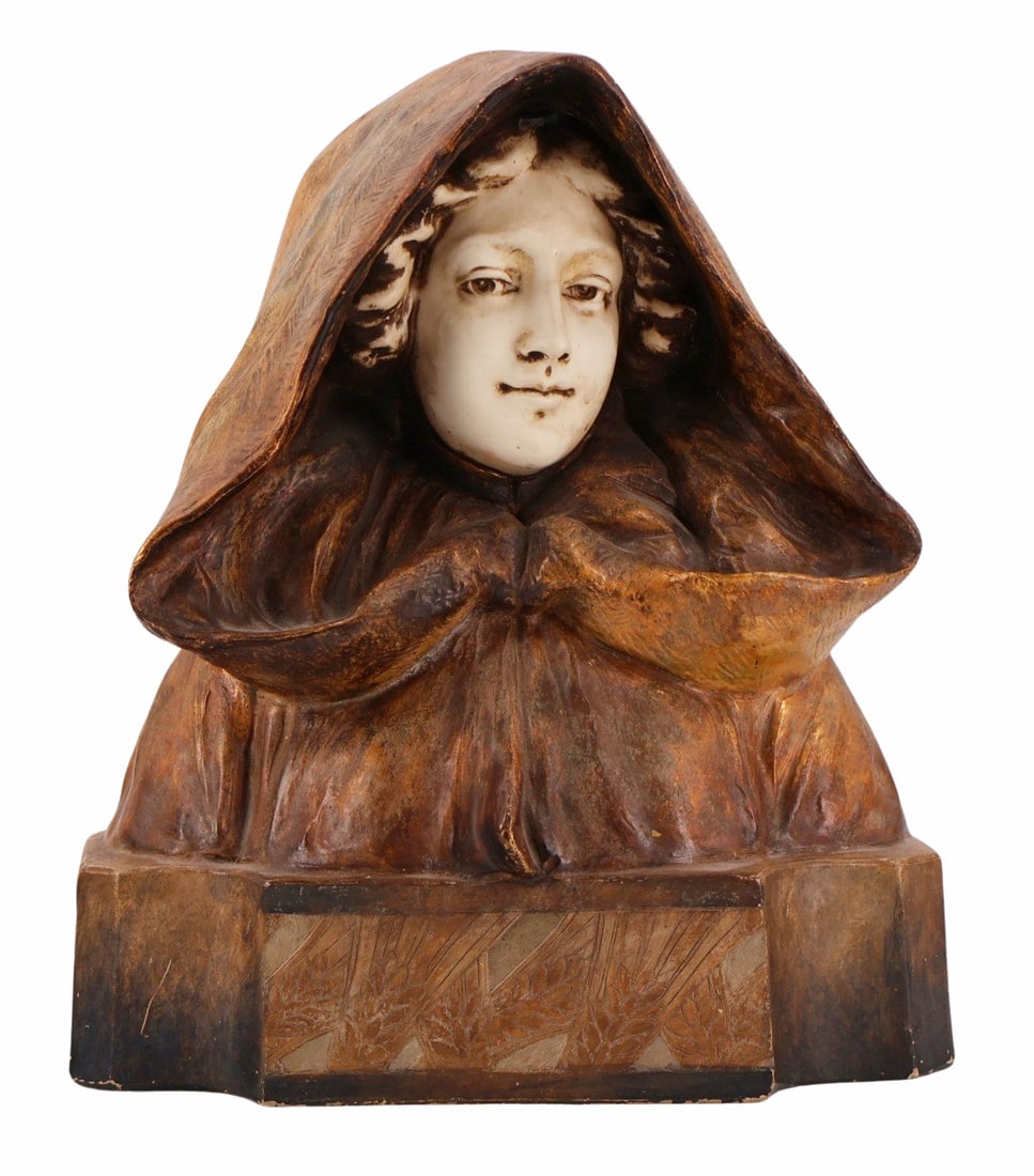 Goldscheider Pottery Bust of a Young Girl Petri: Large terra cotta / pottery bust of a young girl wearing a hood. Modeled by Otto Petri. Marked with a Goldscheider pictorial mark at the center of the base. Also marked "Gesetzlich
