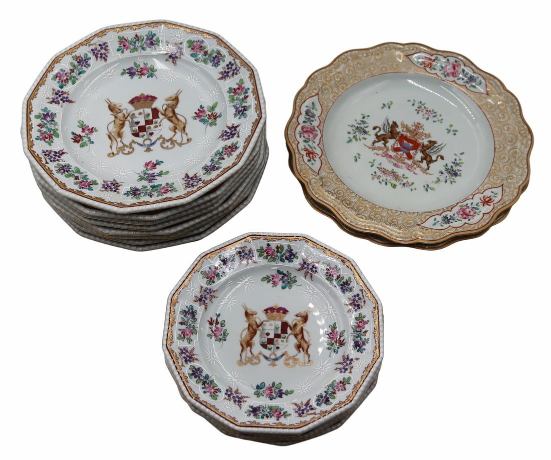 Collection of Samson Chinese Export Style Plates.: Includes a set of (4) Samson of Paris Chinese Export style armorial dessert plates - inscribed, "Invicta" and marked to the underside; (2) Samson Chinese Export style armorial plates - inscr