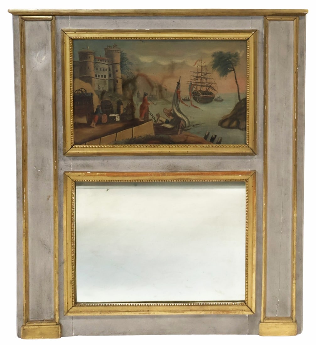 19th Century French Paint & Gilt Decorated Trumeau: Mirror. The painting is a well executed oil on canvas shipping scene. From a Fort Lee, NJ estate. Dimensions: oil painting: 16" x 25" and overall mirror 50" x 47".