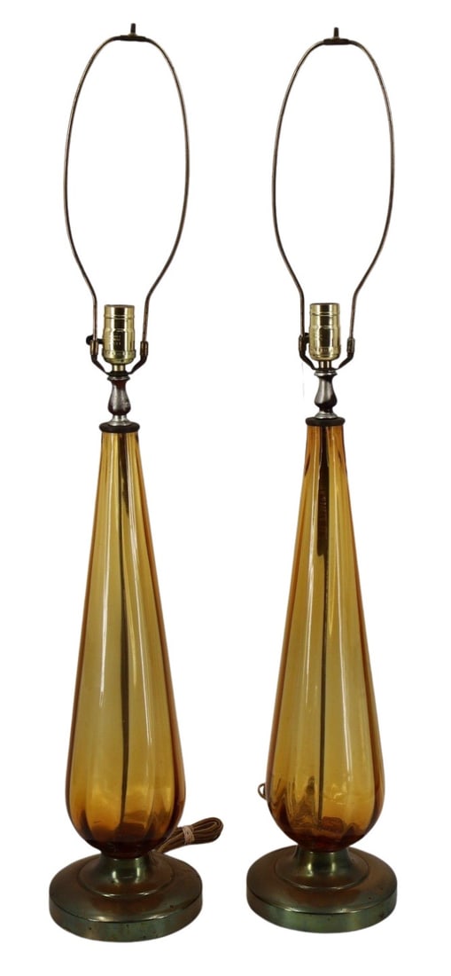 Midcentury Pair of Murano Style Amber Glass Lamps.: Good size, shape and color. From a Port Jervis, NY estate. - Dimensions: 21" and to finial 36"