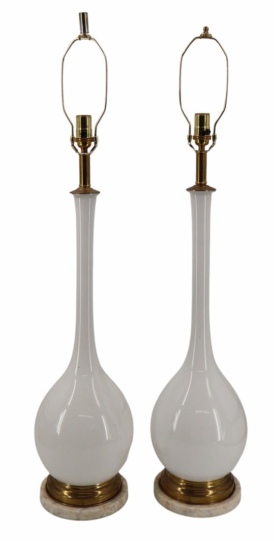 Midcentury Pair of Milk Glass Lamps.: Good large size with bulbous base. From a Port Jervis, NY estate. - Dimensions: 32" h x 9" w x 7" d.