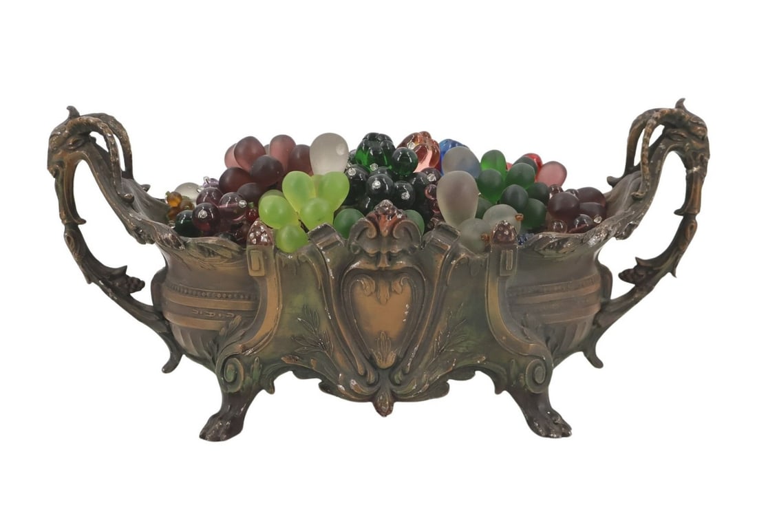 Czechoslovakian Glass Beaded Fruit Lamp.: Antique lamp with glass fruit piled high in a polychromed white metal jardiniere. From a Roselle, NJ collection. - Dimensions: 14.5" wide x 6.5" deep x 6.75" H.