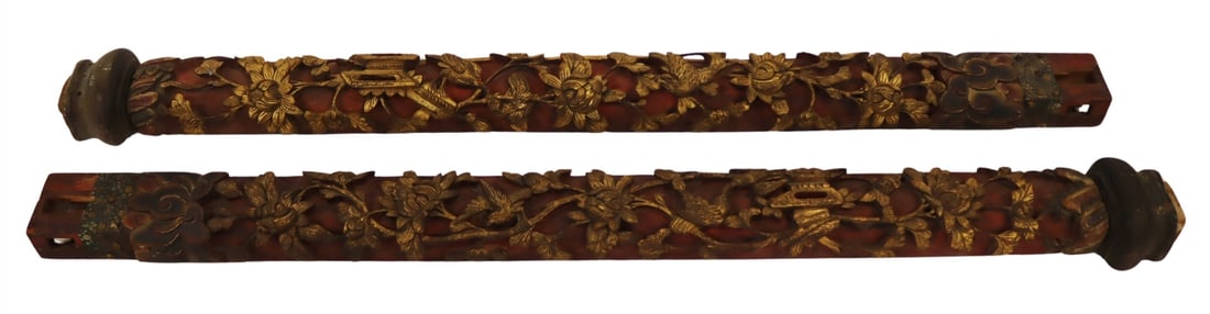 Pair of Chinese Carved Lacquered and Gilt Pillars.: Decorated with birds and flowers. From an E 72nd St, Manhattan estate. Dimensions: carvings measures approx. 75.25" in length.