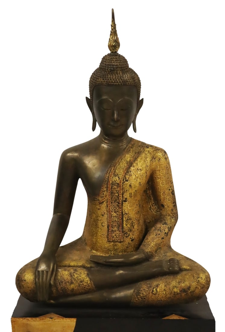 Large Southeast Asian Gilt Bronze Buddha.: Large and heavy gilt bronze figural sculpture of a seated Buddha. With removable flame form finial. Set atop a black rectangular base displaying losses. From a New Rochelle, NY estate. Dimensions: Bud
