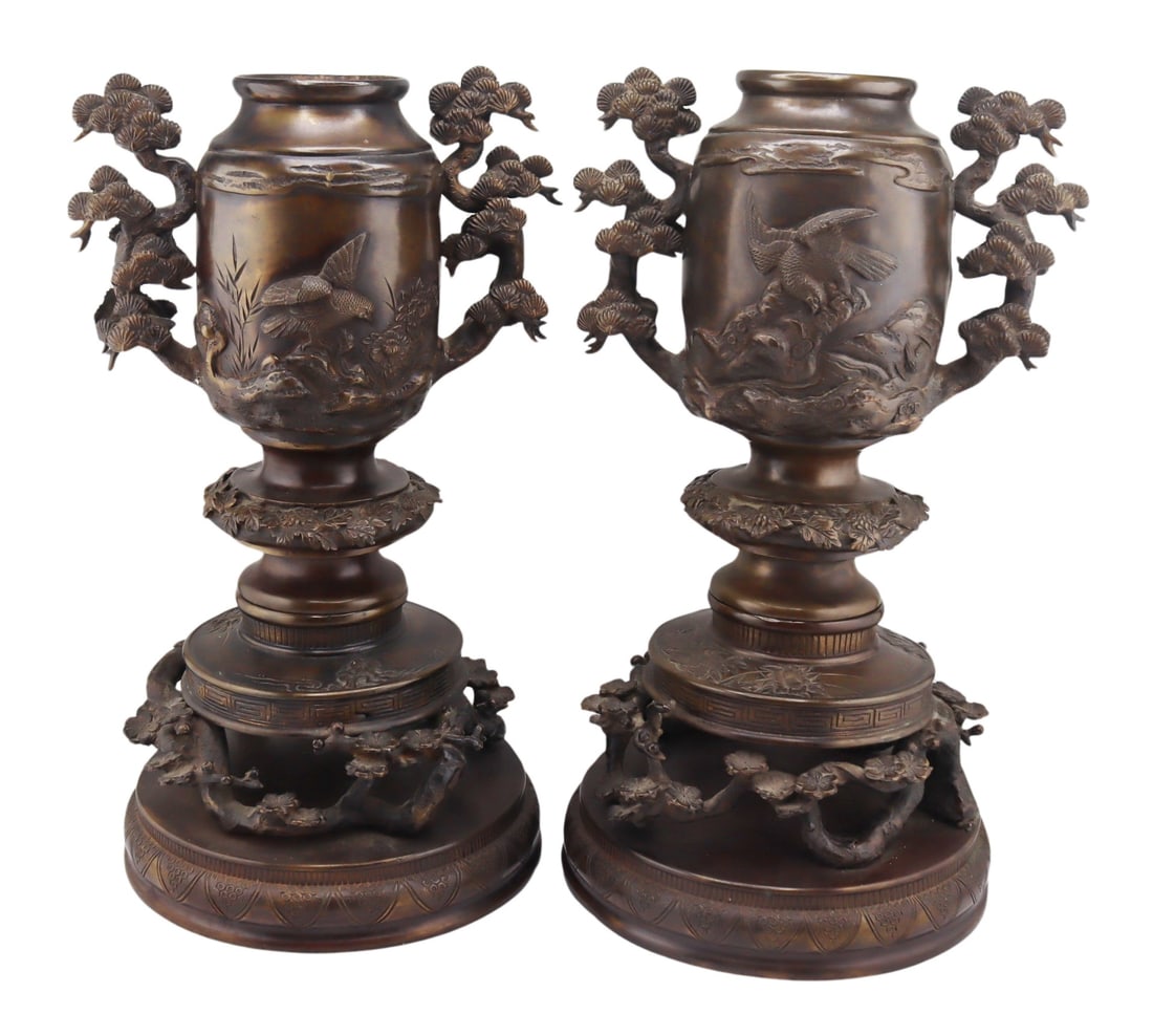 Pair of Japanese Bronze Urns on Pedestal Bases. (1 of 10)