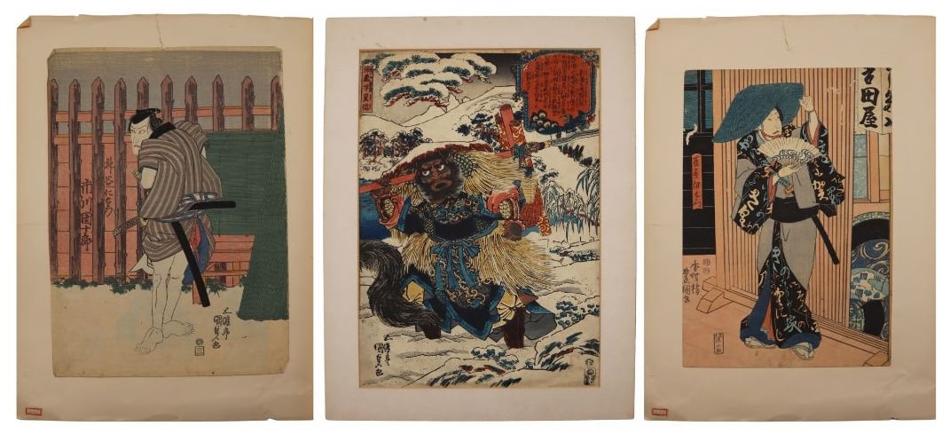 (3) Assorted Japanese Woodblock Prints.: Includes a Japanese woodblock print by Utagawa Kunisada of the actor Ashiya Izaemon; a Japanese woodblock print of a standing figure with striped robe; and a signed Japanese woodblock print of a warri