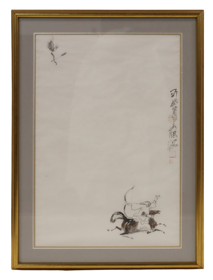 Signed Chinese Ink Painting of a Warrior on: Horseback. Signed to right border. Label verso reads, "Member of the association of Chinese artists, Lecturer Chao Hai in Chinese, Painting Department of College of Fine Art in Xi-An Tel: 5-2517&