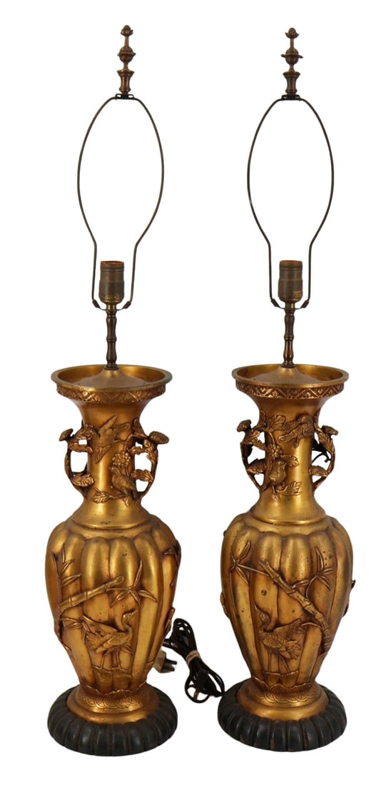 Pair of Japanese Meji Gilt Bronze Urns as Lamps.: From a Port Jervis, NY estate. - Dimensions: 25" h x 7" w x 7.5" d.