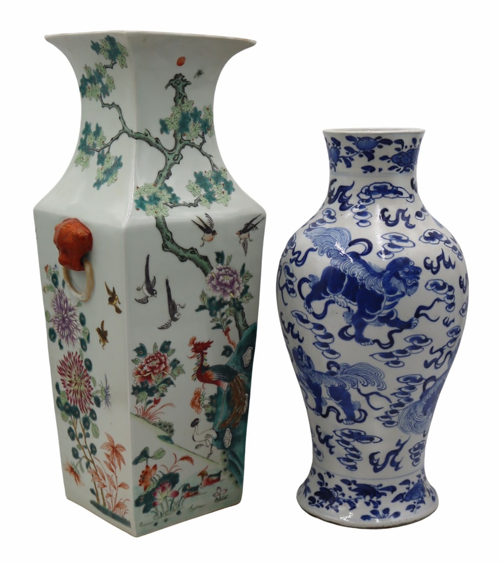 (2) Chinese Enamel Decorated Vases.: Includes a signed Chinese blue and white vase decorated with foo lions surrounded with flames and ruyi clouds - some lions with balls - with a four-character mark to the underside; and a Chinese Famil