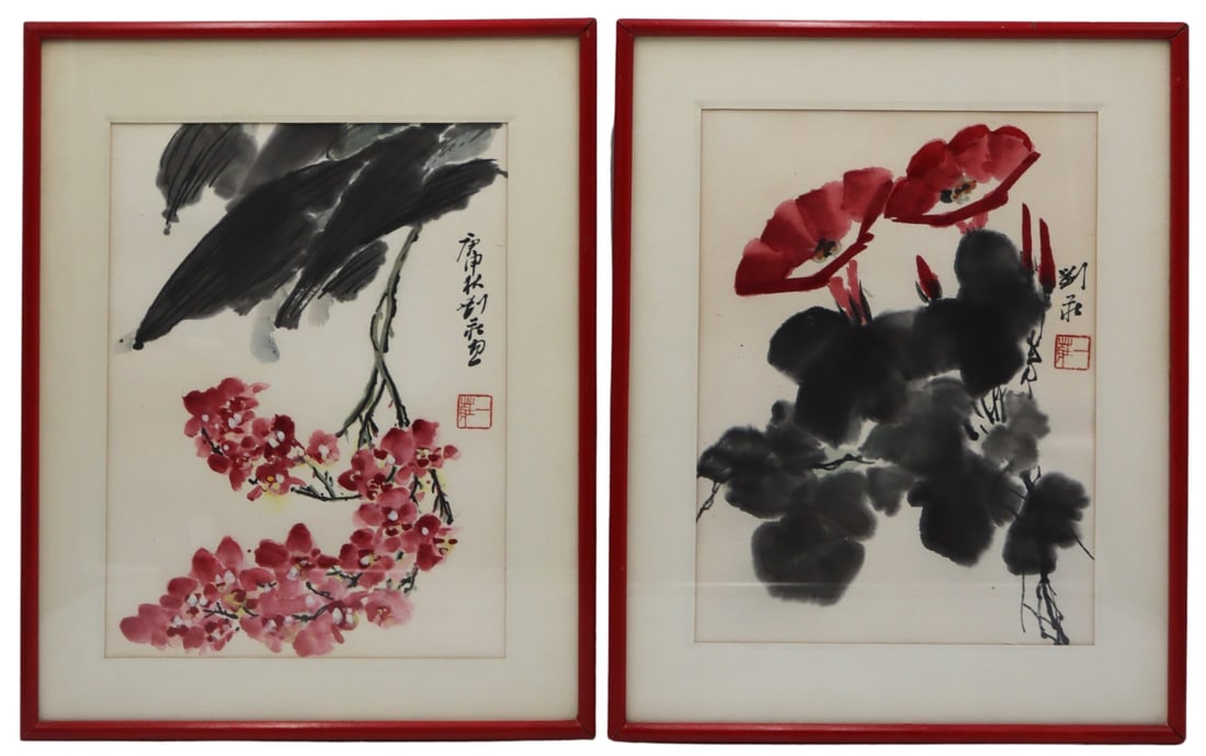 (2) Signed Chinese Painting of Flowers.: Includes a signed Chinese painting of red flowers - sight upper right; and a signed Chinese painting of pink and white flowers - signed to the right center border. From an E 83rd St, Manhattan