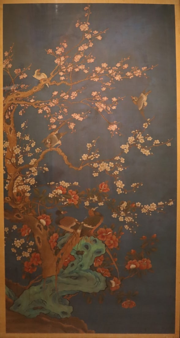 Large Chinese Painting on Silk of Birds and Flora.: 18th/19th century Chinese painting on silk of birds in flowering trees. From an E 72nd St, Manhattan estate. Dimensions: frame measures approx. 69.75" h x 34.875" w.