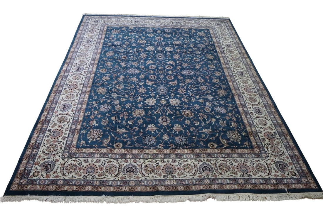 Large Vintage & Hand Knotted Carpet.: Nice carpet with overall blue color and openfield pattern. From a Larchmont, NY estate. - Dimensions: 14ft 8" x 10ft 1".