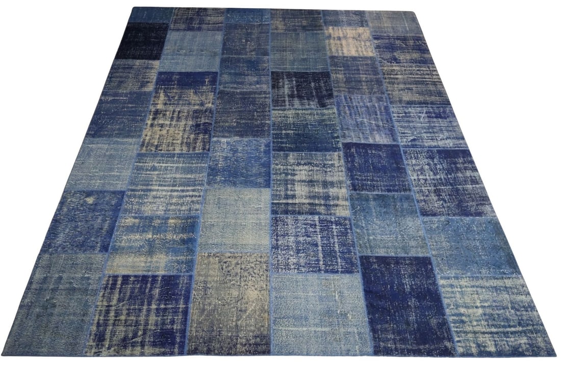 Vintage And Finely Hand Made Blue Patchwork Carpet: Bright Blue Colors. From a CT estate. - Dimensions: 12ft 10" x 16ft 10".