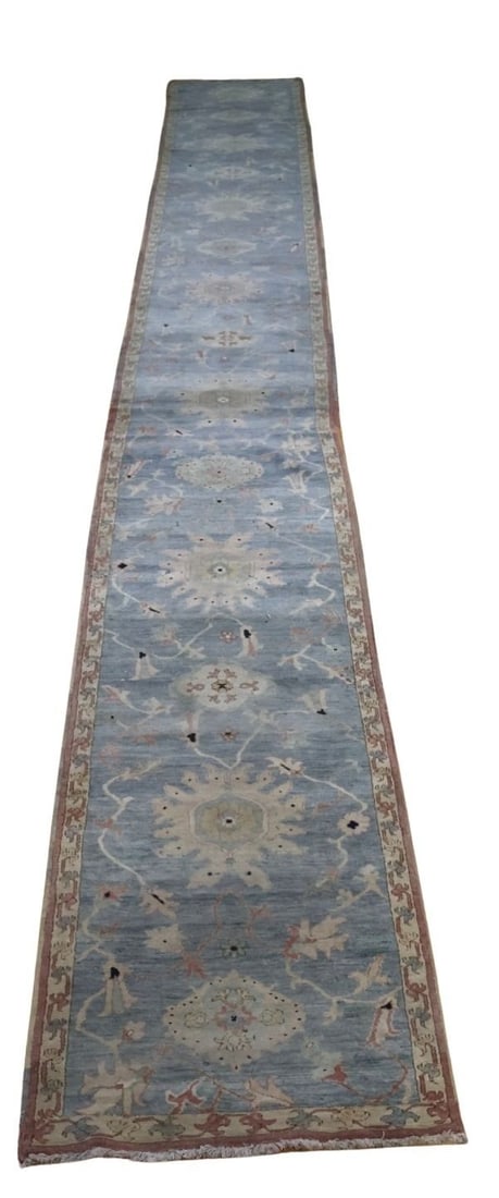 Vintage & Finely Hand Knotted Oushak Style Runner.: Extra long. From a Larchmont, NY estate. - Dimensions: 2ft 7" x 23ft 10".