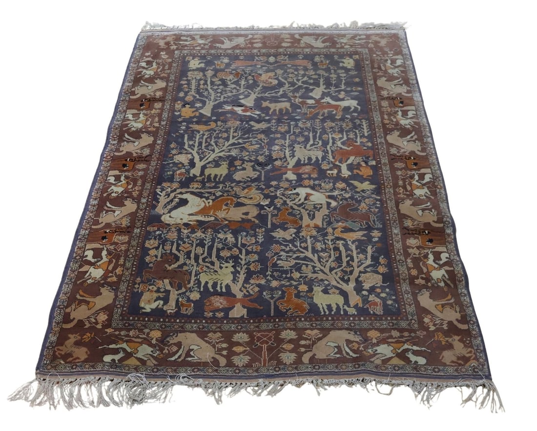 Vintage And Finely Hand Knotted Pictorial Carpet.: Tight knotting and great design with vibrant colors. From a Pelham, NY estate. - Dimensions: 6ft x 4ft 1".
