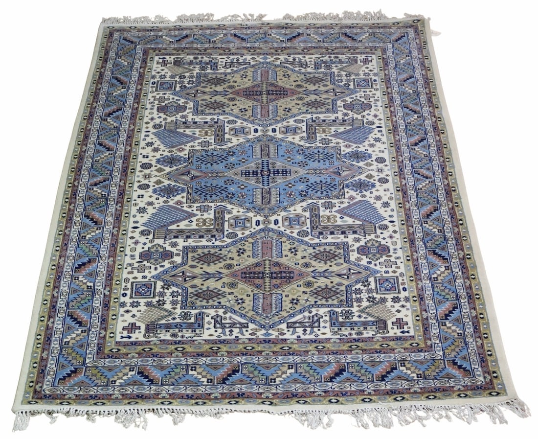 Vintage And Finely Hand Knotted Carpet.: Great pattern , and bright colors . From a Stamford CT estate - Dimensions: 9ft3"x6ft4"