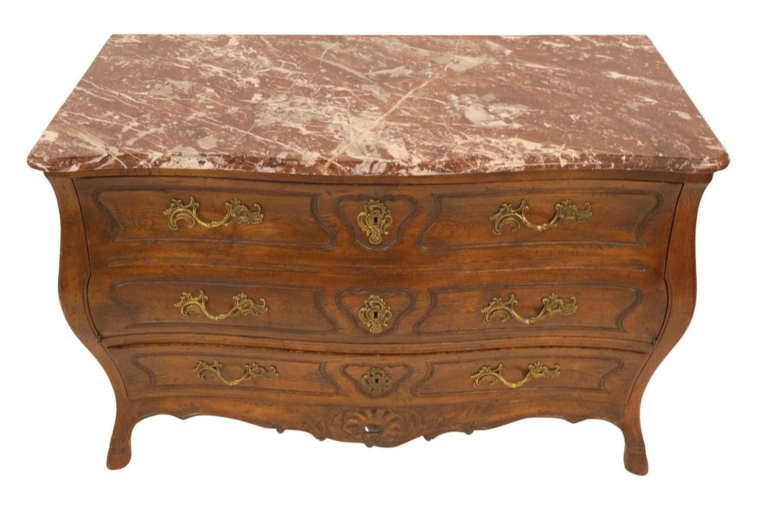 Vintage Louis XV Style Carved & Marbletop Drop: From Cabinet. Nice quality and patina with nice thick marbletop. From a Great Neck LI estate. - Dimensions: 35" x 24" x 53"